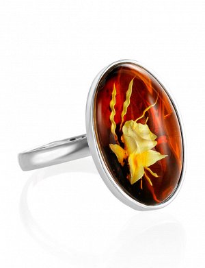 Изысканное кольцо «Элинор» из серебра и натурального янтаря с резьбой, 006301214