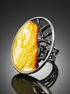 Серебряное овальное кольцо «Модерн» со вставкой из медового янтаря, 006308314