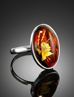 Изысканное кольцо «Элинор» из серебра и натурального янтаря с резьбой, 006301214