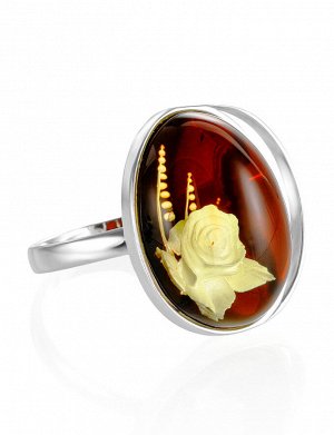 Изысканное кольцо «Элинор» из серебра и натурального янтаря с резьбой, 006301211