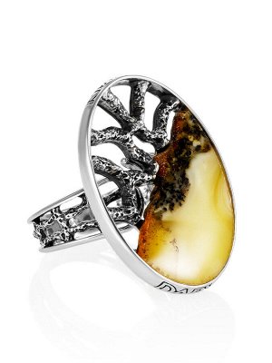 Серебряное овальное кольцо «Модерн» со вставкой из текстурного янтаря, 006308329