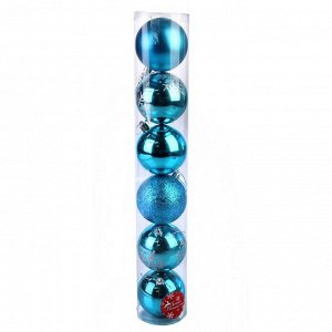 Набор шаров пластик d-8 см, 6 шт "Снежинка ассорти" голубой