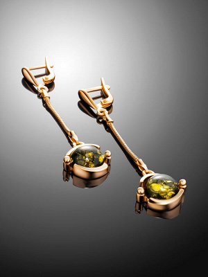 Изысканные серьги из позолоченного серебра и зелёного янтаря «Сфера», 010101094