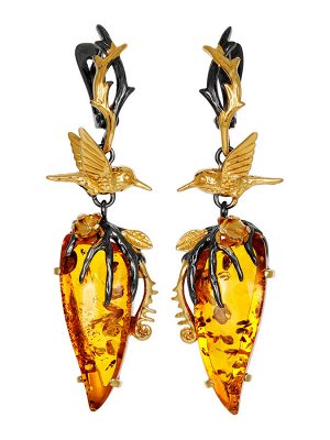 Яркие серьги из позолоченного серебра с натуральным янтарём коньячного цвета «Версаль», 010107263