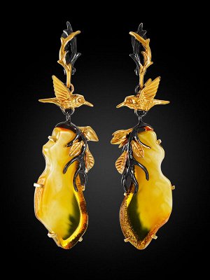 Эффектные серьги из натурального янтаря в золочённом серебре «Версаль», 010107269