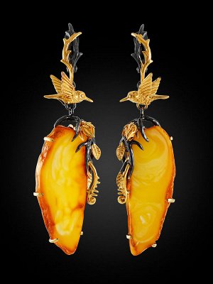 Роскошные серьги из натурального янтаря в золочённом серебре «Версаль», 010107267