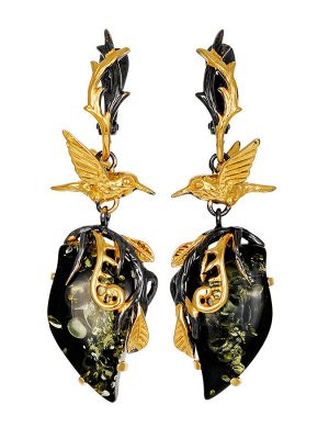 Необычные серьги «Версаль» из зелёного янтаря в золочённом серебре, 010107272