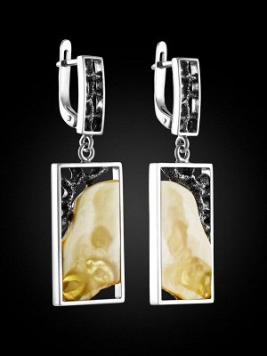 Элегантные прямоугольные серебряные серьги «Модерн» со вставками текстурированного янтаря, 006507091