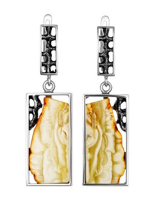 Крупные прямоугольные серьги из серебра со вставками из медового янтаря «Модерн», 006507098