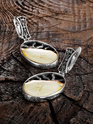 Крупные овальные серебряные серьги со вставками пейзажного янтаря «Модерн», 006508312