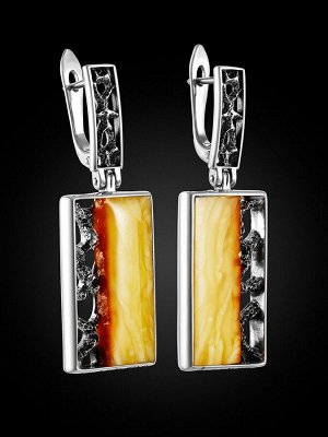 Крупные прямоугольные серьги из серебра с вставками пейзажного янтаря «Модерн», 006508334