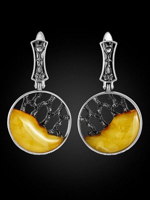 Оригинальные круглые серьги из серебра со вставками пейзажного янтаря «Модерн», 006508327