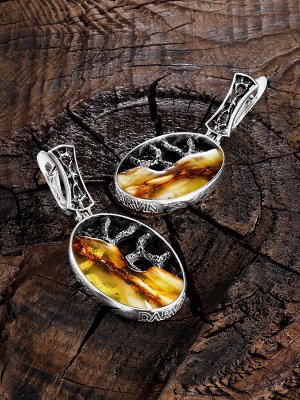 Крупные овальные серебряные серьги «Модерн» с вставками уникального текстурного янтаря, 006508322