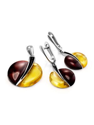 Эффектные серебряные серьги с лимонным и вишнёвым янтарём «Санрайз», 006506144