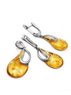 Эффектные серьги из серебра и натурального лимонного янтаря «Санрайз», 006506142