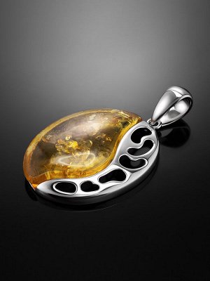 Серебряный кулон с эффектной перфорацией, украшенный лимонным янтарём «Санрайз», 001706172