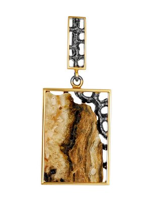 Уникальная позолоченная подвеска украшенная натуральным текстурным янтарём «Модерн», 010207012