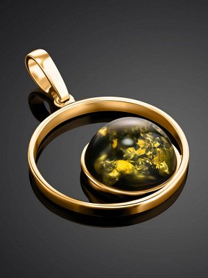Круглый позолоченный кулон из серебра с зелёным янтарём «Юпитер», 010206330
