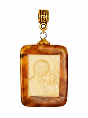 Иконка с резьбой на кости мамонта в янтарной оправе «Казанская Богоматерь», 009207213