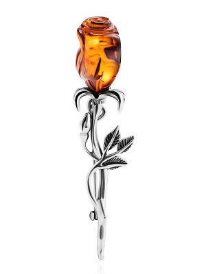 Нежная серебряная брошь с натуральным янтарем коньячного цвета «Роза», 007907035