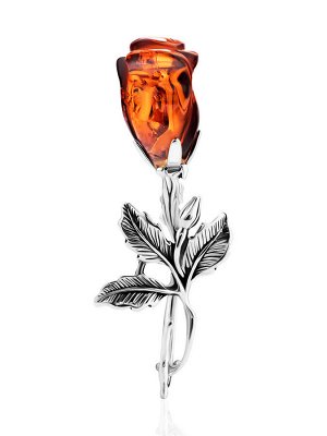 Красивая серебряная брошь с натуральным янтарём вишнёвого цвета «Роза», 007907032