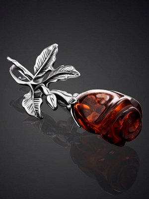 Красивая серебряная брошь с натуральным янтарём вишнёвого цвета «Роза», 007907032