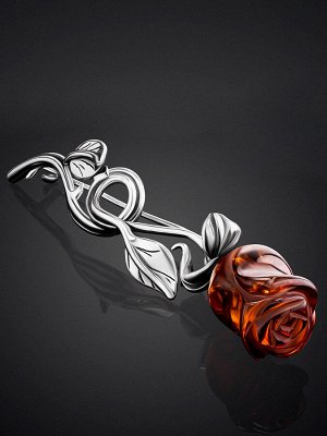 Нарядная удлиненная брошь с натуральным янтарем коньячного цвета «Роза»