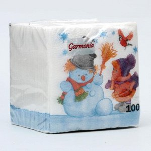 Салфетки бумажные Гармония цвета многоцветие "Снеговик и дети", 24*24 см 100 листов