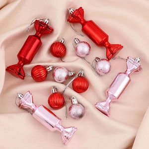 Набор украшений пластик 12 шт "Конфетный бум" (4 конфеты-10х3 см,8 шаров-3см) красно-розовый   49627
