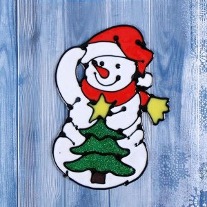 Наклейка на стекло "Снеговик с нарядной ёлкой" 10х15 см