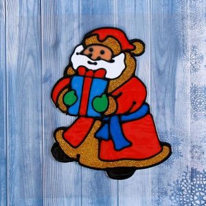 Наклейка на стекло "Дед Мороз несёт подарки" 12х15 см