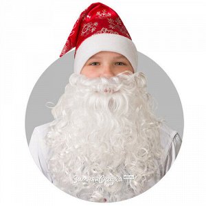 Колпак Деда Мороза со снежинками красный + борода (Батик)