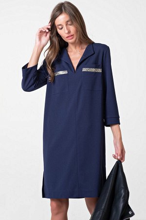 Платье-рубашка прямое с разрезами по бокам темно-синее