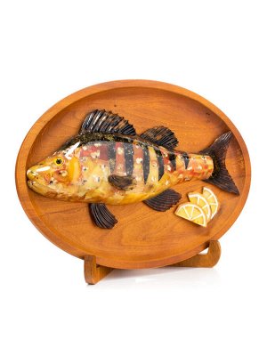 Декоративное деревянное блюдо с натуральным янтарём «Окунь», 005508041