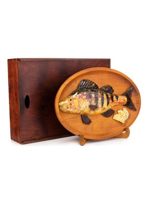 Декоративное деревянное блюдо с натуральным янтарём «Окунь», 005508041