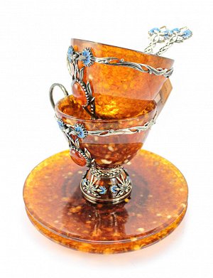 Чайный набор из натурального янтаря и бронзы «Василек» на 2 персоны, 506710203