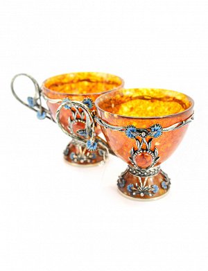 Чайный набор из натурального янтаря и бронзы «Василек» на 2 персоны, 506710203