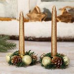 Набор свечей с подсвечником &quot;Шишки и шарики&quot; (набор 4 шт) 3,5*11*15 см