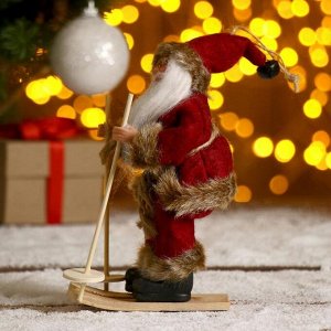 Дед Мороз "На лыжах" в бордовом костюме, 17 см