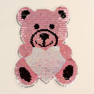 Термоаппликация двусторонняя «Медведь», с пайетками, 19 * 17 см, цвет розовый/серебряный