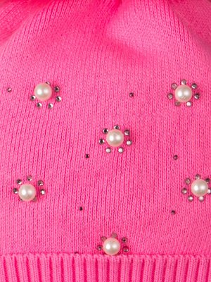 Русбубон Шапка вязаная с помпоном, с жемчугом и стразами, на завязках, ярко-розовый