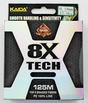 Плетёный шнур Kaida 8X Tech #1.2 (0.18мм, 125м, 12кг, grey)