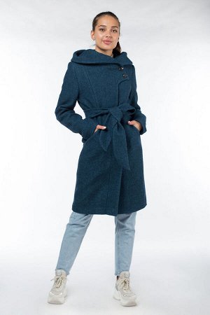 01-09802 Пальто женское демисезонное (пояс) вареная шерсть сине-зеленый