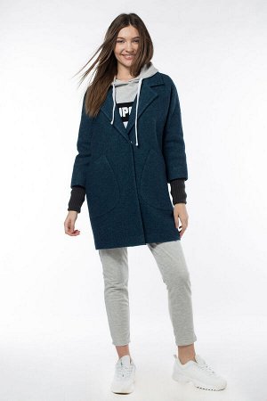 01-09618 Пальто женское демисезонное вареная шерсть сине-зеленый