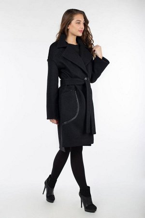 01-09396 Пальто женское демисезонное (пояс) вареная шерсть черный