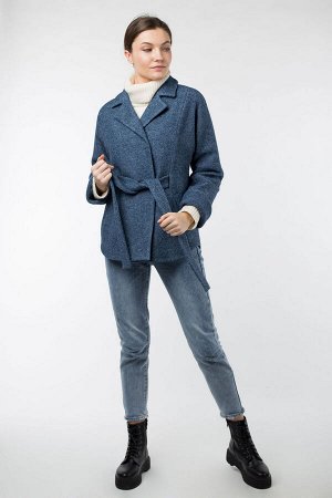 01-09438 Пальто женское демисезонное (пояс) вареная шерсть Сине-голубой