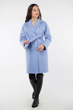 01-08296 Пальто женское демисезонное(пояс) валяная шерсть Светло-голубой