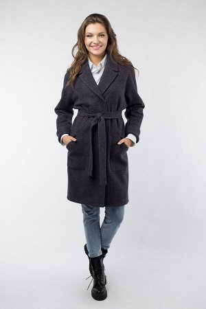 01-07435 Пальто женское демисезонное(пояс) валяная шерсть Сине-серый