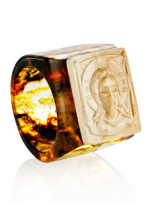 Кольцо из натурального балтийского янтаря и бивня мамонта с резьбой «Спас», 008207212