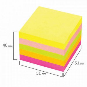 Блок самоклеящийся (стикеры) STAFF, НЕОНОВЫЙ, 51х51 мм, 400 листов, 5 цветов, 129349